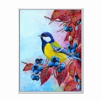 Designart 'Bright Bird Bullfinch sjedi na grani Berries II' tradicionalni uramljeni platneni zidni umjetnički