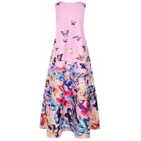Žene plus Size leptir Print svakodnevno bez rukava Vintage Boho V vrat Maxi haljina pamuk za žene Pink XXXXL