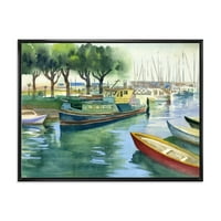 Čamci na jezeru u zelenom oprugu uokvirene slikanje platno Art Print