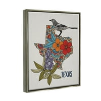 Stupell Industries Texas Bluebonnet State Bird zamršeni cvjetni uzorak grafička Umjetnost sjaj sivo plutajuće uokvireno platno print Wall Art, dizajn Valentina Harper