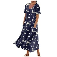 Ljetne haljine za žene Mini Scoop vrat bez rukava Mini štampan sa džepnim plavim 3xl