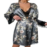 Asashitenel ženski ogrtač za odjeću za spavanje svilena čipkasta Patchwork Dugi rukav Kimono ogrtač i čipkasti grudnjak kratke hlače pidžama Setovi Loungewear