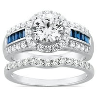 Brilliance Fine Nakit . Sterling Silver Round Brilliant simulirani dijamant pasijans okružen stvorio plavi safir prsten i odgovarajuće vjenčanje bend