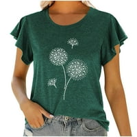 Ljetne košulje za žene ruffle rukave na majici okruglog vrata Redovna fit odjeća za djevojke Dandelion Print Tops Comfy casual bluze Zelena prodaja