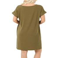 Žene & Plus okrugli vrat valjani rukav dužine koljena Tunic Shirt haljina sa džepovima