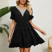 Wirdiell ženska haljina modna čvrsta boja labav kratki rukav, ruffled swing čipka mini haljina crna l