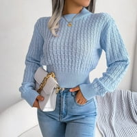 tklpehg Ženski modni dugi rukavi jednobojni okrugli vratni džemper labavi modni pleteni džemper Casual jesen zima topli džemper pulover džemperi plavi L