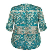 Chama ženske plus ruljine rukave tunike TUNIC-ove paisley cvjetni print v izrez Henley majica casual bluza za žene