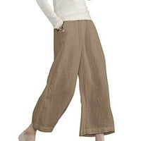 Ženske pamučne i posteljine obrezane hlače labave fit solidne boje elastične struke ravne široke pantalone
