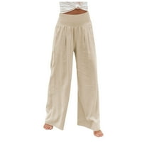 Sksloeg lanene pantalone ženske ljetne visoke Casual elastične struka čvrste udobne jogging Jogger pantalone sa džepovima, Khaki XXXL