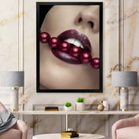 Designart' Girl Bitting With Red Lips With Red Pearls ' Modern Framed Art Print