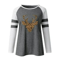 Majice Za Žene Odgovaraju Božićnim Štampanim O-Izrezom Dugim Rukavima Novi Stil Leopard Casual Prugasta Bluza Za Spajanje Tunika Top Office Streetwear T-Shirts