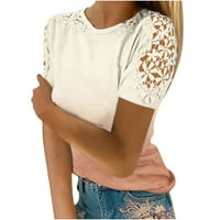 Ženske kratke rukave sa čipkom izdubljene majice bez naramenica Casual labave ljetne Crewneck osnovne Tees bluze kaki SAD Veličina:6
