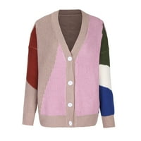 Dahich ženska boja blok V rect Gumb s prednjim pletenim kardiganskim džemper prema gornjem odjećom labav Chunky Knit Jumper Pink L