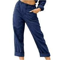 Fesfesfes lanene pantalone za žene Casual jednobojne elastične pantalone sa trakom za kopčanje sa dugmadima labave udobne kapri pantalone sa ravnim nogama sa džepovima