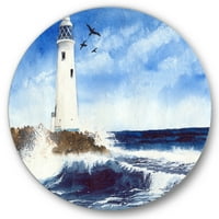 Designart 'Galebovi sa svjetionikom na stjenovitom ostrvu' Nautical & Coastal Circle metalni zid Art-disk