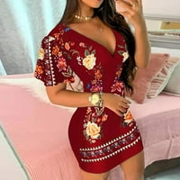 Haljine za žene Mini kratki duboki V-izrez kratki rukavi ljetni odmor cvjetna modna haljina Temperament Red XXL