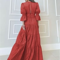 Ženska trendi lepršava haljina klirens obična Oversized Fit Dugi rukav V izrez sarafan jednobojna Ležerna labava Moda elegantna odjeća za dame crvena S