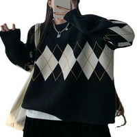 Michellecmm žene Argyle Y2K pulover džemper Dugi rukav Preppy predimenzionirana trikotaža Vintage Casual