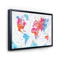 Designart 'Karta Svijeta u plavoj i ružičastoj boji' moderni uramljeni platneni zidni umjetnički Print