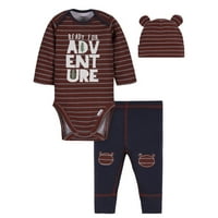 Gerber Onceies Bodysuit, Active Gant i Cap Outfit set, 3-komad