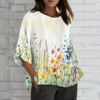 Sayhi Shirts For Women Crew Neck Floral Print Loose Top T Shirts Casual Cotton Linen Tunika Tee Bluza