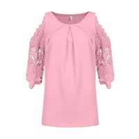 Ženske teže ugodne ljetne haljine Crewneck čipke TRIM THIRTS košulje s kratkim rukavima Čvrsta boja čipke Crochet Tunic Uzorak za damu Loose Fit Modna odjeća Pink XL