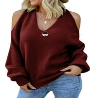 Ženska jesenska i zimska modna modna boja V-izrez sa džemper s ramenom