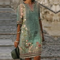 Haljina za čišćenje Miarhb Ženski etnički stil tiskali su V-izrez zeleni m