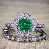 2. Carat okrugla tamna laboratorija stvorena zeleni smaragdni vjenčani trio prsten u 18K crno zlato preko srebra