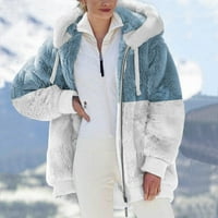 Ženska nejasna runa jakna boja blok patentna jakna sa kapuljačom zimska debela plišana topla gornja odjeća nebo plavo