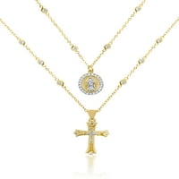 FINE JEWELRY Sterling Silver 14k Gold Plated Crystal Guadalupe & Cross kubni Cirkon sloj ogrlice