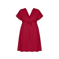 Žene jednobojne Plus veličine haljine Casual kratki rukav V izrez labave haljine visokog struka plaže Mini haljine Red XXL