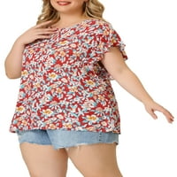 Unique Bargains ženske Plus bluze Flare Sleeve Keyhole prednji okrugli vrat cvjetni vrhovi