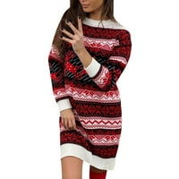 Ženski Božić Elk Patternt okrugli vrat Dugi rukav pulover dugi džemper haljina veliki pokloni za manje na klirens