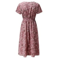 Lepršava ljetna haljina Pink poliester, Spande ženski cvjetni Print Casual V-izrez kratke rukave a-line