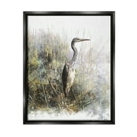 Stupell Heron Bird Water's Edge Pond životinje i insekti Painting Black Floater Framered Art Print Wall