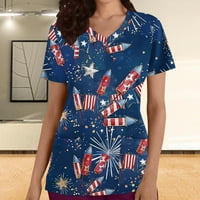 Ženska dan nezavisnosti Majica kratkih rukava Ljeto labavi V-izrez Plaža Tee Američka zastava Ispiši majicu Modna majica za žene