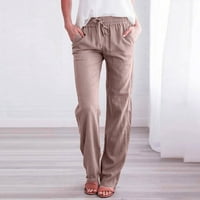 Binmer ženske pamučne pantalone, ležerne pamučne i posteljine čvrste vuče elastične struke duge ravne hlače