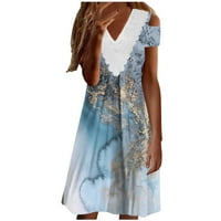 Yeahitch Ženska haljina hladno rame Casual V izrez kratke rukave Mini haljine cvjetni Print a-line čipkasti Nebesko plavi M
