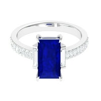 CT kandža Set Princess Cut Stvoren plavi safirni prsten sa moissitnim bočnim kamenjem, srebrnim srebrom,