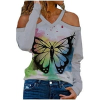 Ženske leptir Print majice Dugi rukav labavi seksi Casual Halter V vrat grafički Tee cvjetne pulover tunike