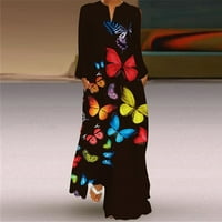 Ženska seksi digitalna tiskana duga haljina V-izrez sa džepovima Dugim rukavama Elegance Plus Veličina