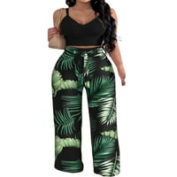 Ženske ljetne Casual dvije odjeće duboki V vrat Tank Top sa dugim pantalonama široke pantalone zeleni Print M