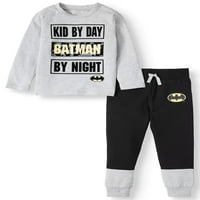 Batman Dječji Dječak Dugih Rukava Grafička Majica I Vezica Od Flisa Za Jogger Pantalone Set, 2 Komada