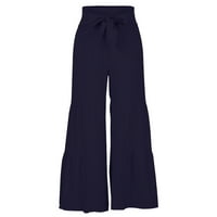 Žene prave hlače luk kravata elastična visoki struk 7 8. hlače široko-noga pantnija pantna slatka pantalona čvrsta ploča mornarica xxl