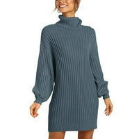 Ženski plemenit džemper haljine turtleneck laterne rukave pulover modni casual čista boja pletena haljina