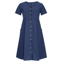 Ljetne haljine za žene Modne žene Ljeto Ležerne prilike V-izrez Tipka s kratkim rukavima Džepne pamučne