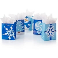Hallmark plave i bijele male praznične poklon torbe, snjegović, pepermint, pahuljica, jela i čvrsta plava