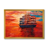 Fregata Tokom Crvene Večeri Sjaj Na Okeanu Horizont Uokvireno Slikarstvo Platno Art Print